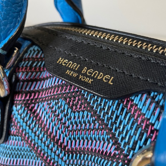 EUC Henri Bendel Centennial Mini Barrel Bag Striped Blue Tapestry - Picture 9 of 17